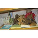 A Merrythought teddy bear together with a Paddington Bear, other teddy bears, sunflower print,