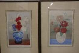 A pair of Japanese woodblock prints of vases of flowers together with a collection of Tin Tin