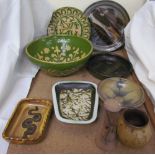 Assorted studio pottery, including a bowl on stand, plates, bowls,
