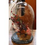 A floral display under a glass dome