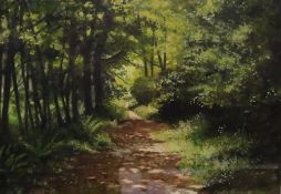 Pauline Harries A forest path Watercolour Signed Together with two Diana Armfield prints of a vase