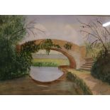 Viv Michael A river bridge Watercolour Signed Together with a collection of pictures and prints