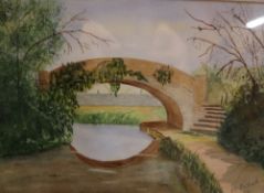 Viv Michael A river bridge Watercolour Signed Together with a collection of pictures and prints