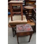 A walnut stool together with a reproduction table, concertina stool,