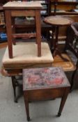 A walnut stool together with a reproduction table, concertina stool,