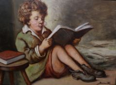 B Brunetti A boy reading Oil on canvas Signed Together with a framed map