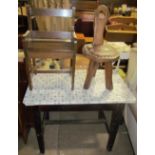 A pine side table together with a child's oak chair and a small back stool