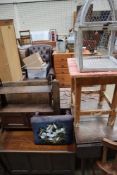 An oak hanging shelves together with an oak table top, a b ended stool,