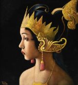 PRADJA Head and shoulders of a Burmese girl Oil on velvet Signed