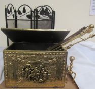 A fire screen together with a brass coal box,