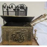 A fire screen together with a brass coal box,