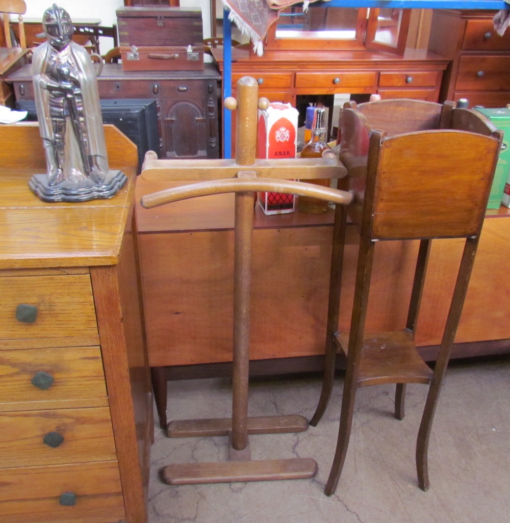 A Knight fireside tidy with implements together with a jardiniere stand and a suit rack