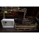 A brass fire guard together with a brass fan fire screen, a porcelain sink, picture frame,