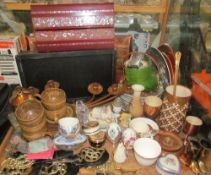 A copper candelabra together with other copper wares, horse brasses, lacquer box,