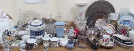 A Staffordshire pottery figure group together with glass bowls, glass decanters,