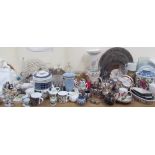 A Staffordshire pottery figure group together with glass bowls, glass decanters,