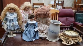 House of Valentina collectors dolls together with a continental stoneware jug and a clock