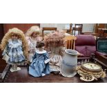 House of Valentina collectors dolls together with a continental stoneware jug and a clock