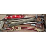 A silver topped and antler handled walking stick together with flags, shooting sticks,