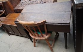 A 19th century oak Pembroke table together with three chairs and an oak coffer