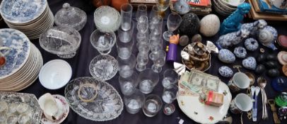 Assorted paperweights together with pottery dogs, drinking glasses, glass dishes,