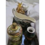 Bavarian vase together with a glass box and cover, a pair of glass ewers,