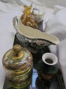 Bavarian vase together with a glass box and cover, a pair of glass ewers,