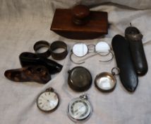 A Victorian silver mounted spectacle case together with spectacles, various pocket watches,