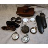 A Victorian silver mounted spectacle case together with spectacles, various pocket watches,