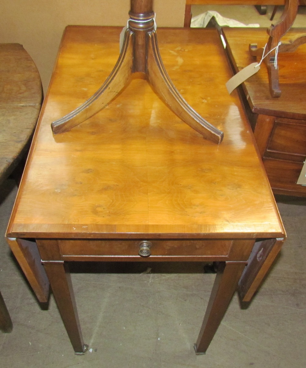 A 20th century yew wood Pembroke table with rectangular cross-banded top above an end frieze drawer - Image 2 of 2