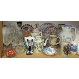 A pair of 19th century Staffordshire figures together with pottery jugs, drinking glasses,
