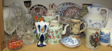 A pair of 19th century Staffordshire figures together with pottery jugs, drinking glasses,