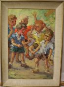 S de Vries Children fighting Oil on canvas Signed