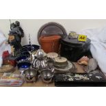 A pair of spelter figures together with an Uncle Sam money box, chrome plated part tea set,