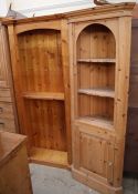 A modern pine standing corner cupboard together with a pine bookcase