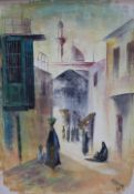 Aladdin An Arabian street scene Oil on canvas Signed together with a pair or Japanese watercolours