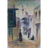 Aladdin An Arabian street scene Oil on canvas Signed together with a pair or Japanese watercolours