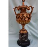 A late 19th century ormolu table lamp in the form of a two handled pedestal urn,