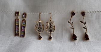 A pair of 9ct yellow gold garnet and diamond drop earrings,