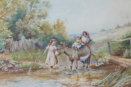 H Hammond Riding the donkey Three children with a donkey in a stream Watercolour Signed 29.