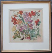 Valente Garden flowers and insects Oil on cloth Signed 43 x 44cm