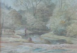 Arthur Miles (1905-1987) Angler at Llandloes Watercolour Signed and dated '83 Label verso 25 x