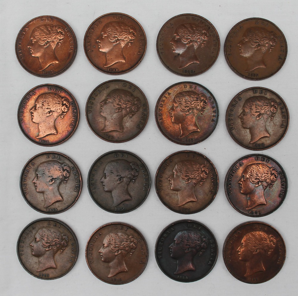 A collection of Victorian pennies with various dates from 1841-1859,