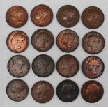 A collection of Victorian pennies with various dates from 1841-1859,