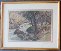 Gyrth Russell A river through a wooded landscape Watercolour Signed 37 x 54cm ****Artists Resale