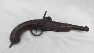 A 19th century French percussion pistol, with a steel barrel, walnut grip and brass fittings,