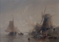 Attributed to Thomas Sewell Robins On the Scheldt Figures on a river with a windmill