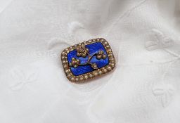 A diamond, seed pearl and blue enamel brooch, in a floral design of rectangular form,