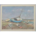 Gyrth Russell (1892 - 1970) A sailing boat at low tide Watercolour Signed 26 x 36cm