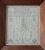 A late 18th century sampler, decorated with flower samples, the border with interlaced flowers,